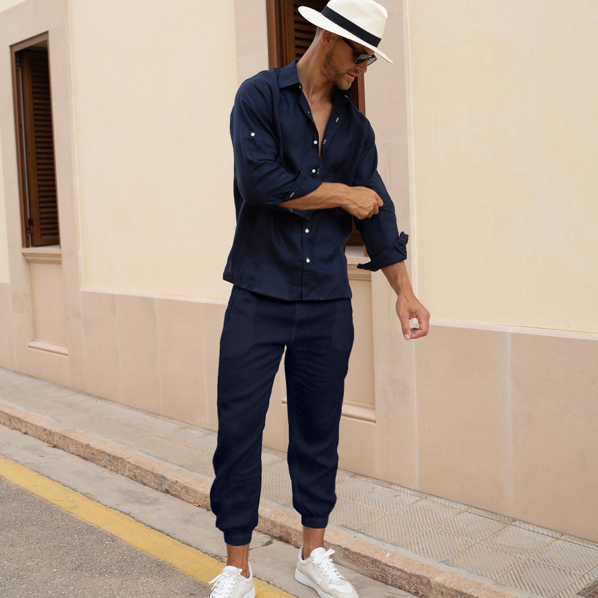 Navy Linen Pants with Zip Pockets and Cuffed Design