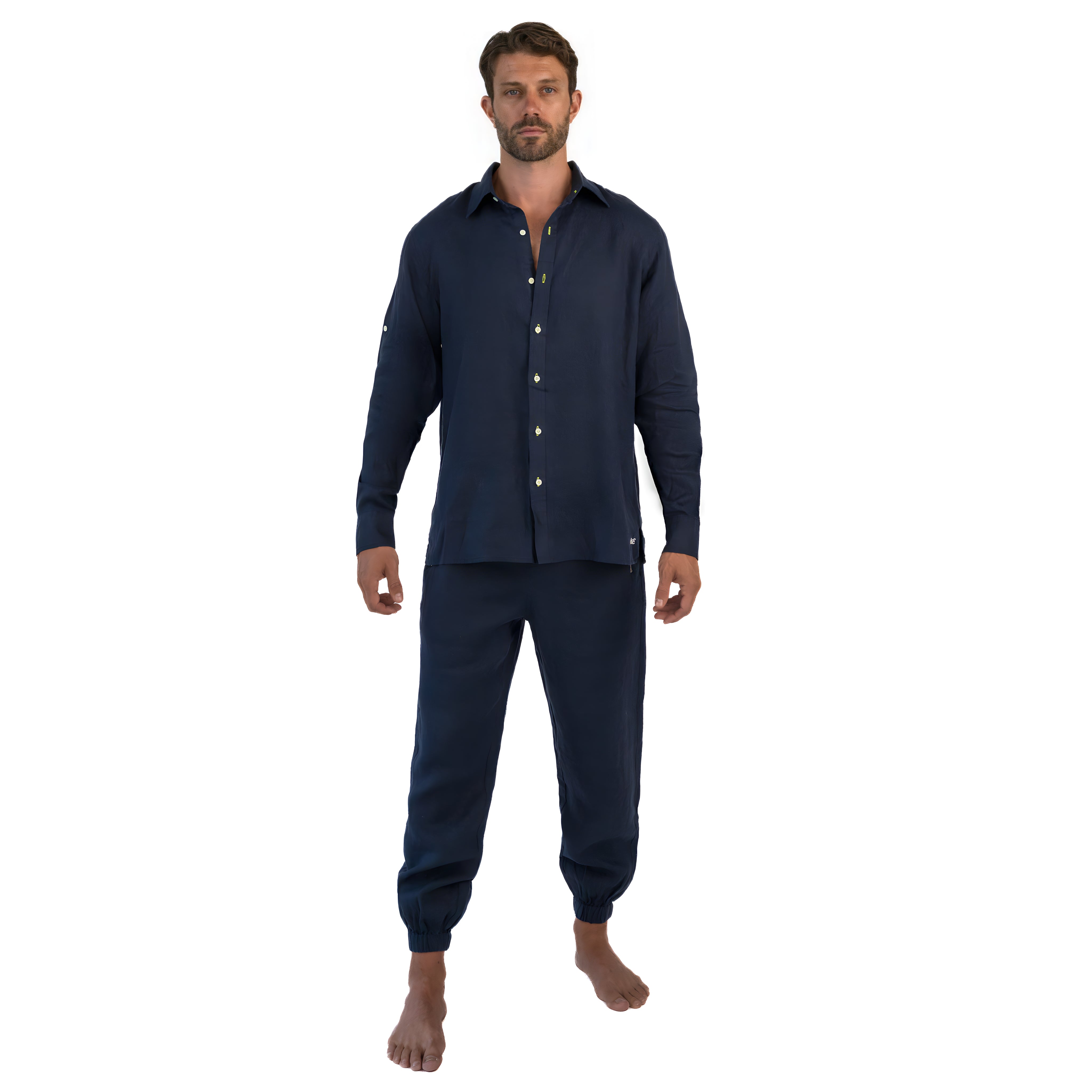 Navy Linen Pants with Zip Pockets and Cuffed Design | East x East